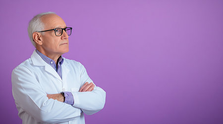 A focused doctor in a white coat and glasses, arms crossed, looking thoughtfully to the side against a purple background.の素材