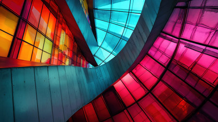 An artistic view of a modern buildings interior, featuring vibrant stained glass and unique architectural lines.の素材