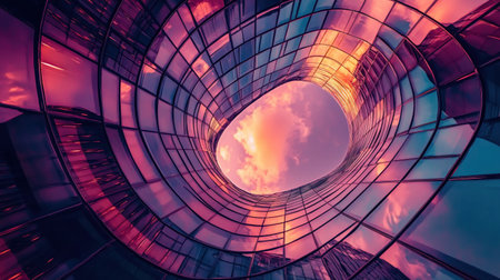 An artistic perspective of a modern buildings interior, looking up at the sky through a circular opening.の素材