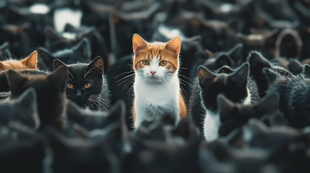 A unique orange and white cat stands out from a crowd of black cats, showcasing individuality and focus.の素材