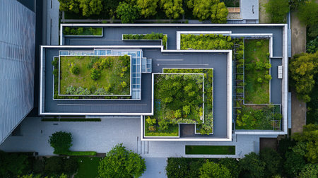An eye-level aerial shot showcasing a contemporary building with multiple rooftop gardens, blending architecture with nature.の素材