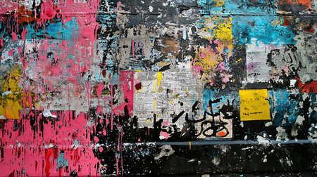 A vibrant and textured image of a wall covered in layers of torn posters, paint splatters, and graffiti, creating a dynamic and artistic composition.の素材