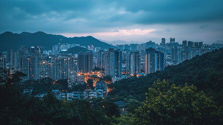 A stunning cityscape at dusk, showcasing the urban development with buildings and mountains.の素材