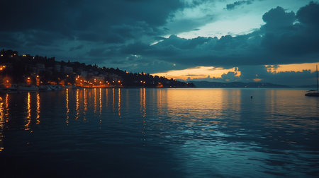 A tranquil evening scene with lights reflecting on a calm lake under a dramatic sky.の素材