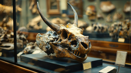 A close-up view of a fossilized skull with horns, displayed in a museum exhibit.の素材