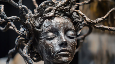 A close-up view of a detailed sculpture of Medusa, showcasing intricate details and artistic craftsmanship.の素材