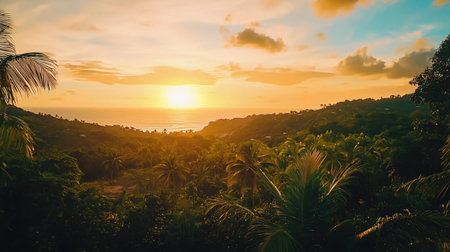 A stunning view of a sunset over a tropical forest and the ocean, with vibrant colors and a peaceful atmosphere.の素材