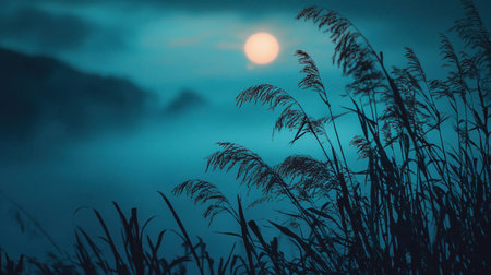 A tranquil scene featuring tall reeds silhouetted against a moonlit sky. The moon casts a soft glow, creating a peaceful and atmospheric ambiance.の素材