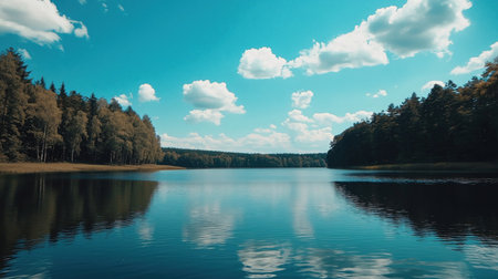 A picturesque landscape featuring a calm lake reflecting the sky and surrounding trees, creating a sense of peace and natural beauty.の素材