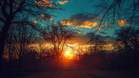 A breathtaking sunset paints the sky with vibrant hues, casting a warm glow over the silhouetted trees and landscape.の素材