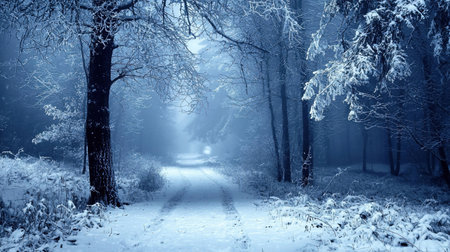 A tranquil winter scene featuring a snow-covered path winding through a forest, with trees dusted in snow and a soft, ethereal light.の素材