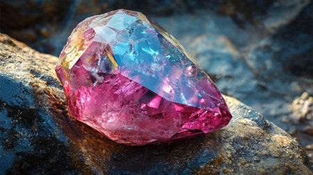 A stunning gemstone, showcasing a mesmerizing blend of pink and blue hues, rests on a textured rock surface.の素材