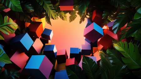 A captivating image featuring an array of colorful cubes nestled amidst vibrant green foliage, creating a visually striking and dynamic composition.の素材