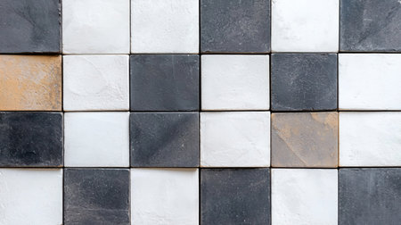 A close-up view of a checkerboard pattern composed of various square tiles in different colors and textures.の素材