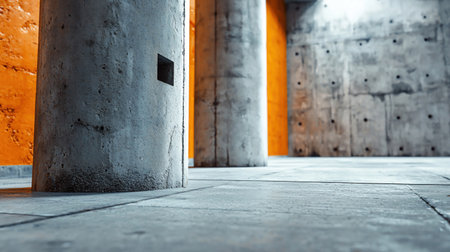 An interior shot featuring concrete pillars and orange walls, creating a modern and minimalist architectural design.の素材