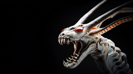 A close-up of a detailed skeletal dragon head with sharp teeth, horns, and a red eye, set against a stark black background.の素材