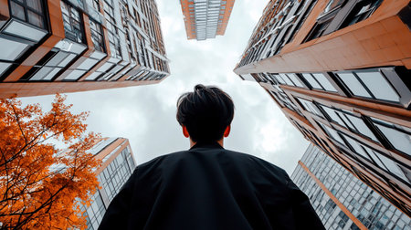 A man stands looking up at the towering buildings in a city, with a cloudy sky above.の素材