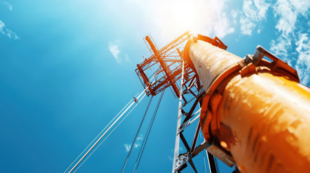 A low-angle shot of an industrial structure against a bright blue sky. The structure is tall and imposing, with a complex network of metal beams and supports. The sky is clear and cloudless, providing a striking contrast to the structure.の素材