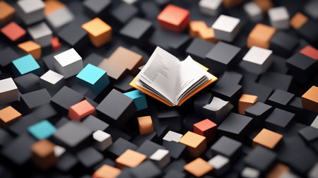 An open book rests atop a sea of colorful cubes, symbolizing knowledge and learning.の素材