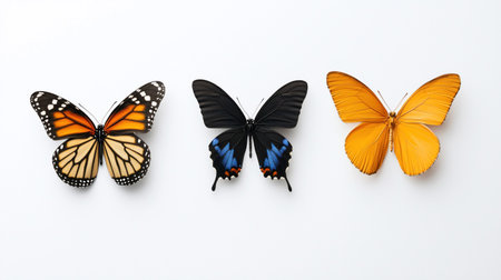 A top view of three butterflies with different colors, isolated on a white background.の素材