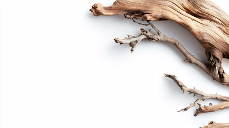 Close-up of weathered driftwood pieces against a clean white backdrop, emphasizing texture and natural elements.の素材