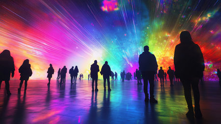 A captivating image featuring silhouetted figures immersed in a radiant, multi-colored space, evoking a sense of wonder and exploration.の素材