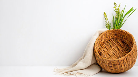 A close-up shot of a woven basket with green plants and a cloth on a white surface.の素材