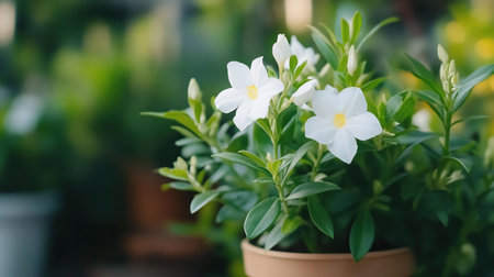A close-up shot of a white flower plant in a pot, with green leaves and a blurred background.の素材