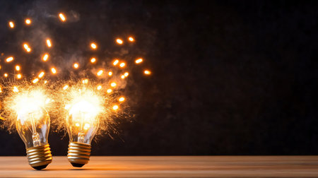 Two light bulbs explode with sparks, symbolizing ideas, innovation, and energy.の素材