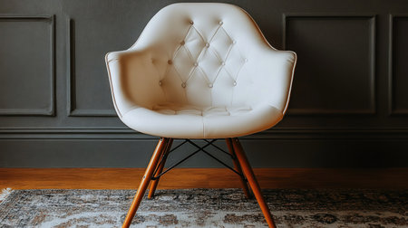 A stylish white chair with wooden legs is placed in a modern interior setting, creating a minimalist and sophisticated look.の素材