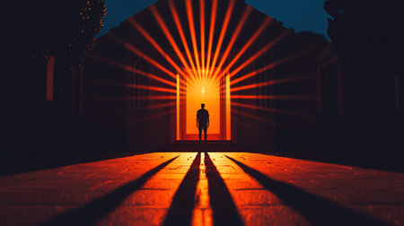 A person stands in a doorway with bright light emanating from it, casting long shadows.の素材