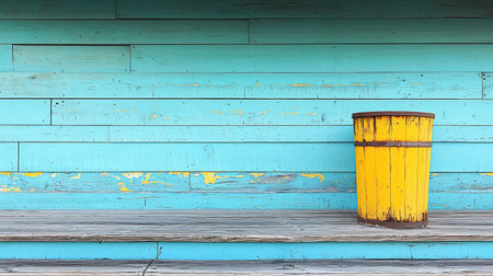 A vibrant yellow trash can stands on a wooden surface against a blue wall, creating a striking contrast.の素材