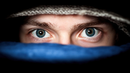A close-up shot of a persons eyes peering out from under a blanket, creating a sense of mystery and intrigue.の素材