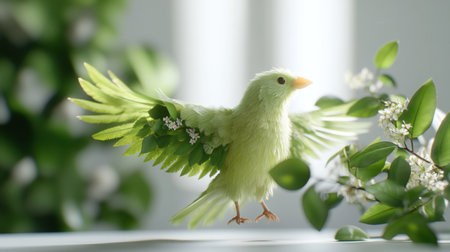 A beautiful bird with green wings, surrounded by nature, showcasing artistic design and natural elements.の素材