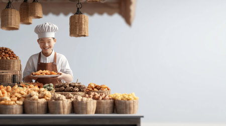 A chef in a white uniform and apron stands behind a table laden with various baked goods, smiling and holding a plate.の素材