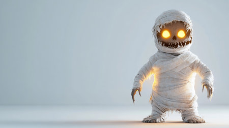 A charming cartoon mummy with glowing eyes and sharp teeth, wrapped in bandages, standing against a soft background.の素材