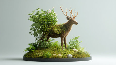 A detailed image of a deer statue, artfully integrated with vibrant green plants and foliage, creating a harmonious blend of nature and art.の素材