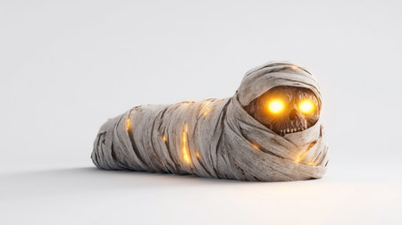 A mummy with glowing eyes rests on a white surface, perfect for Halloween themes.の素材