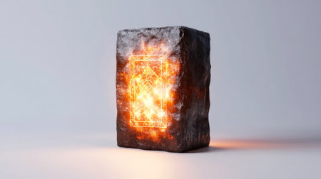 A close-up shot of a stone block with a vibrant, glowing core, showcasing an intriguing interplay of light and texture.の素材