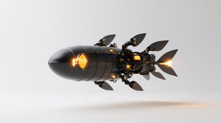 A detailed image of a sleek, black mechanical fish, showcasing advanced technology and design, floating against a clean background.の素材