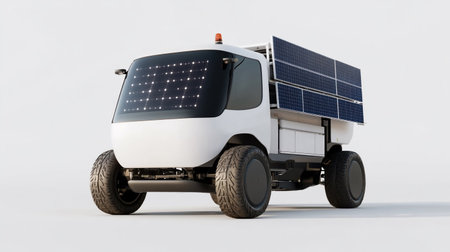 A white utility vehicle with solar panels, designed for sustainable transportation and eco-conscious use.の素材