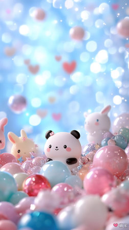 A charming image featuring a panda and bunnies surrounded by vibrant bubbles and a dreamy bokeh background.の素材