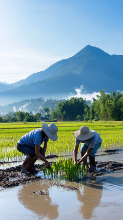 Two farmers are working together to plant rice seedlings in a flooded paddy field, with a mountain in the background.の素材