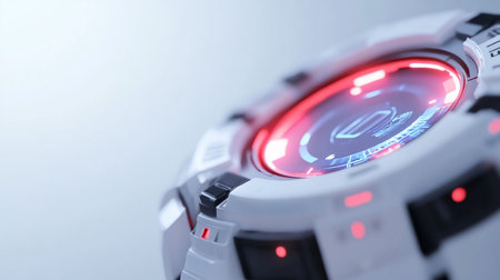 Close-up view of a futuristic device with a circular red display, showcasing advanced technology and design.の素材