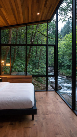 A contemporary bedroom featuring floor-to-ceiling windows offering a stunning view of a lush forest and a flowing river.の素材