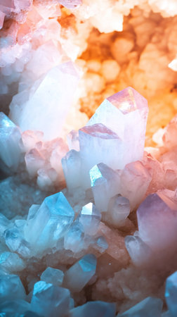 This image showcases a breathtaking crystal formation, highlighting its intricate details and the play of light across its surfaces. The composition emphasizes the natural beauty and geological wonder of the crystals.の素材