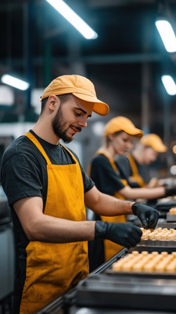 A group of workers in a food production facility, wearing aprons and gloves, preparing food products.の素材