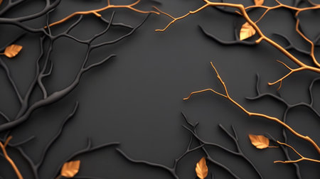 A stunning abstract image featuring black branches with gold accents and leaves, creating a sophisticated and artistic composition.の素材