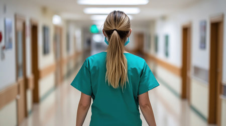 A nurse in scrubs walks down a hospital hallway, providing healthcare services.の素材
