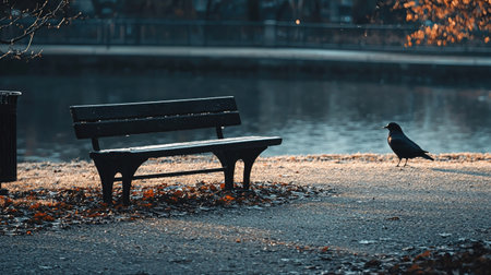 A bird stands near a park bench beside a lake, with autumn leaves scattered around.の素材